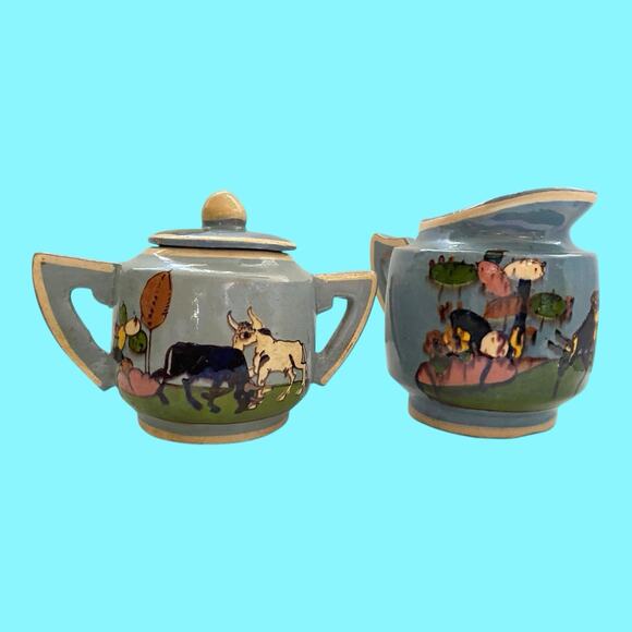 1940s Blue Tlaquepaque Mexican Folk Art Sugar & Creamer Hand Made And Decorated - Picture 9 of 12